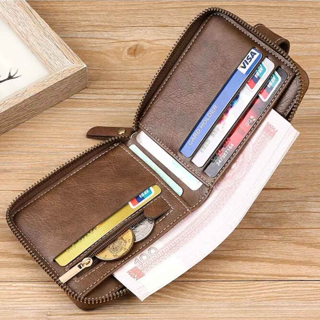 Carteira Vintage Masculina em Pele PU – Organizador Compacto com Fecho de Zíper para Cartões e Moedas
