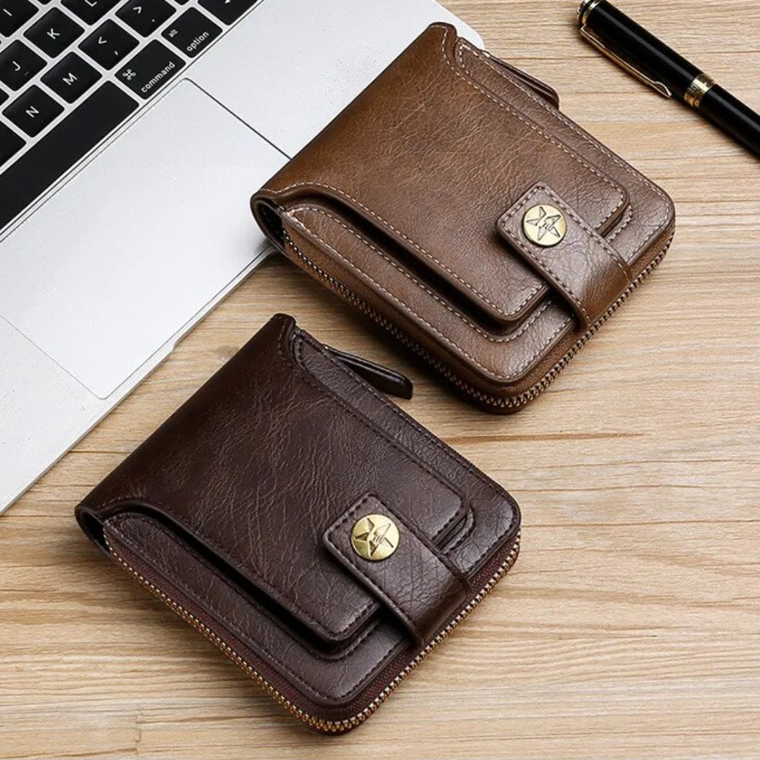 Carteira Vintage Masculina em Pele PU – Organizador Compacto com Fecho de Zíper para Cartões e Moedas