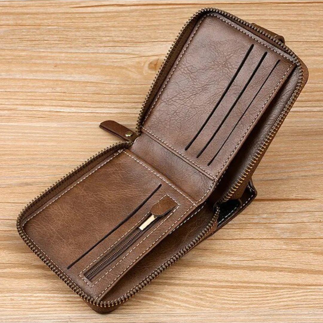 Carteira Vintage Masculina em Pele PU – Organizador Compacto com Fecho de Zíper para Cartões e Moedas