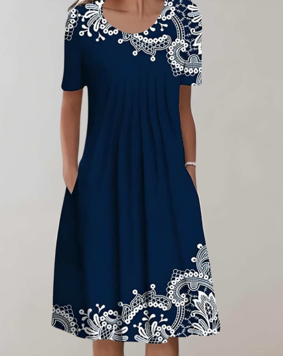 Abito midi estivo da donna a maniche corte con stampa, scollo rotondo e tasche, con vita stile impero e vestibilità comoda, ideale per tutti i giorni casual