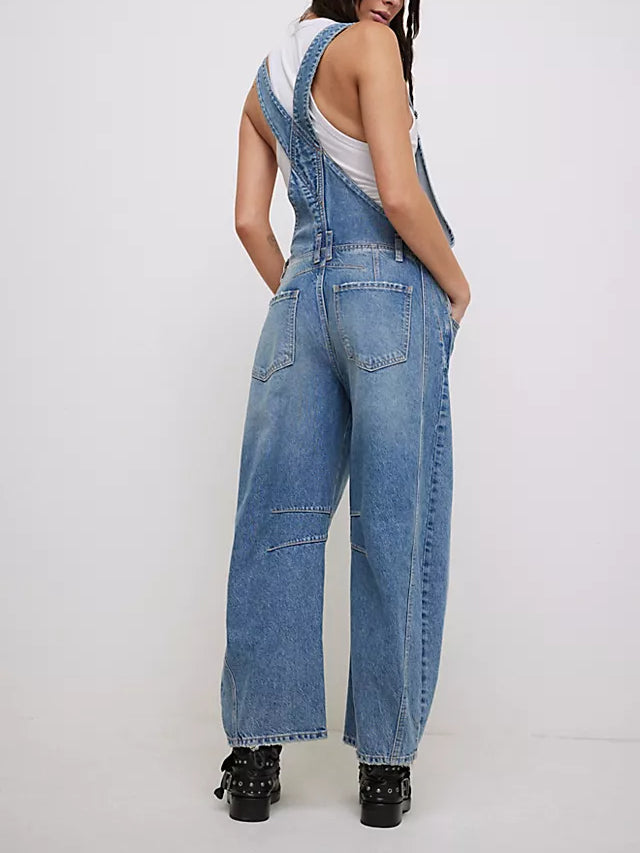 Dame afslappet straight leg denim overall jumpsuit