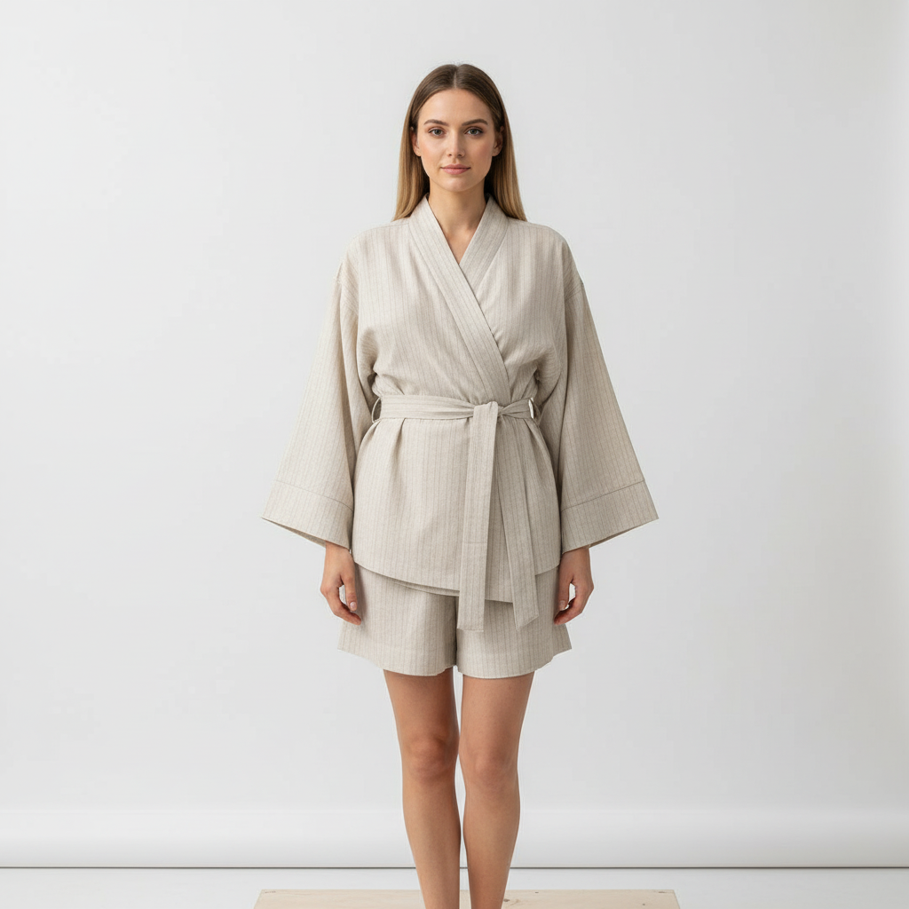 Women’s Belted Kimono and Shorts Set – Soft Loungewear for Relaxed Mornings
