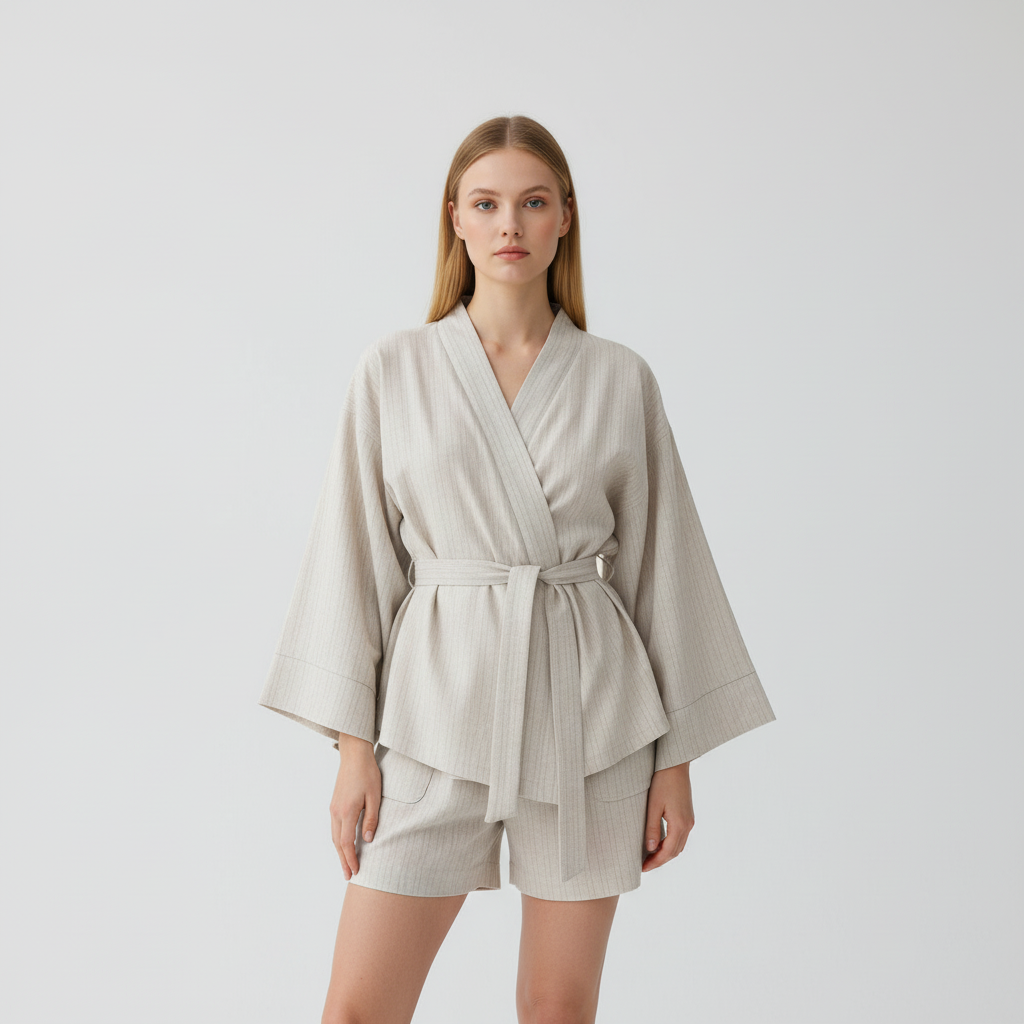 Women’s Belted Kimono and Shorts Set – Soft Loungewear for Relaxed Mornings