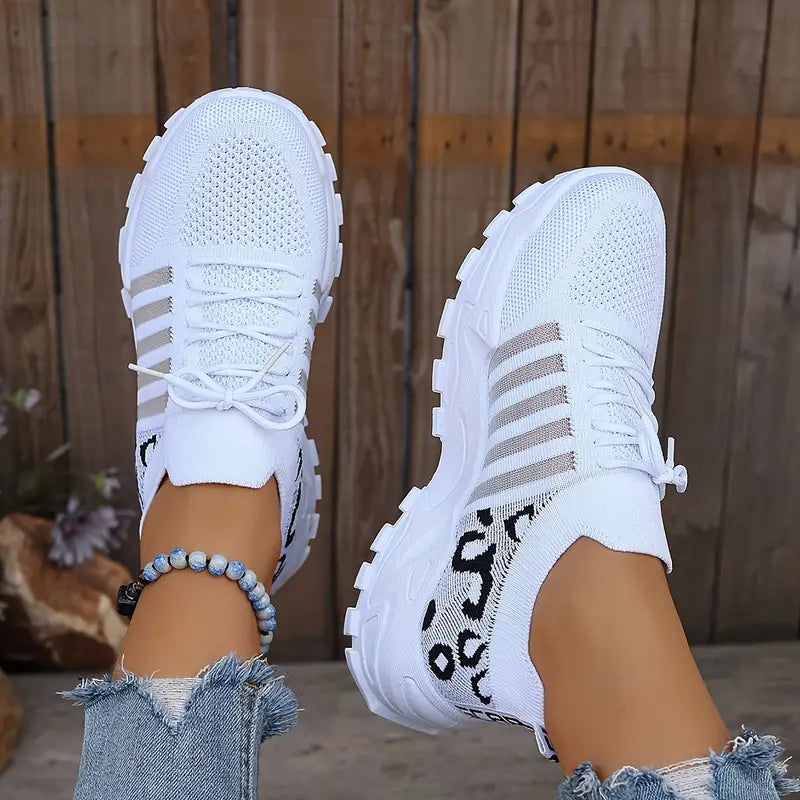 Damestrikkede sneakers med snørebånd og god åndbarhed – lette vandresko med chunky-sål til rejser, weekendture, shopping, afslappet bybrug og aktiv hverdagsstil