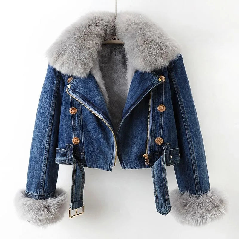 Jachetă din denim scurtată pentru femei, cu guler și manșete din blană pufoasă – îmbrăcăminte exterioară casual călduroasă pentru iarnă, cu detalii distinctive