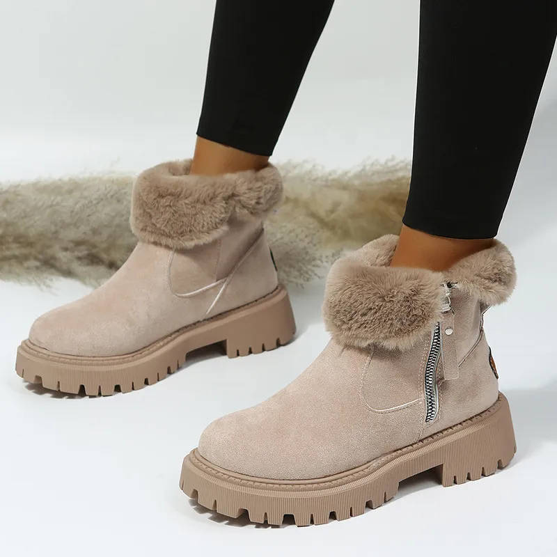 Damen-Winterstiefeletten mit Kunstfellkragen – Stiefeletten in Wildlederoptik mit seitlichem Reißverschluss und Profilsohle für den täglichen Einsatz bei kaltem Wetter
