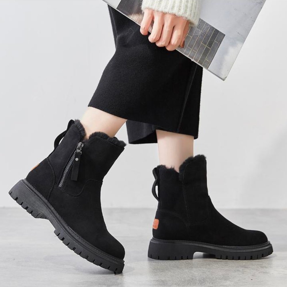 Botines de invierno forrados de felpa para mujer - calzado impermeable de ante, con cremallera y suela gruesa para viajes con frío, paseos de fin de semana, ciudad informal y looks diarios de invierno