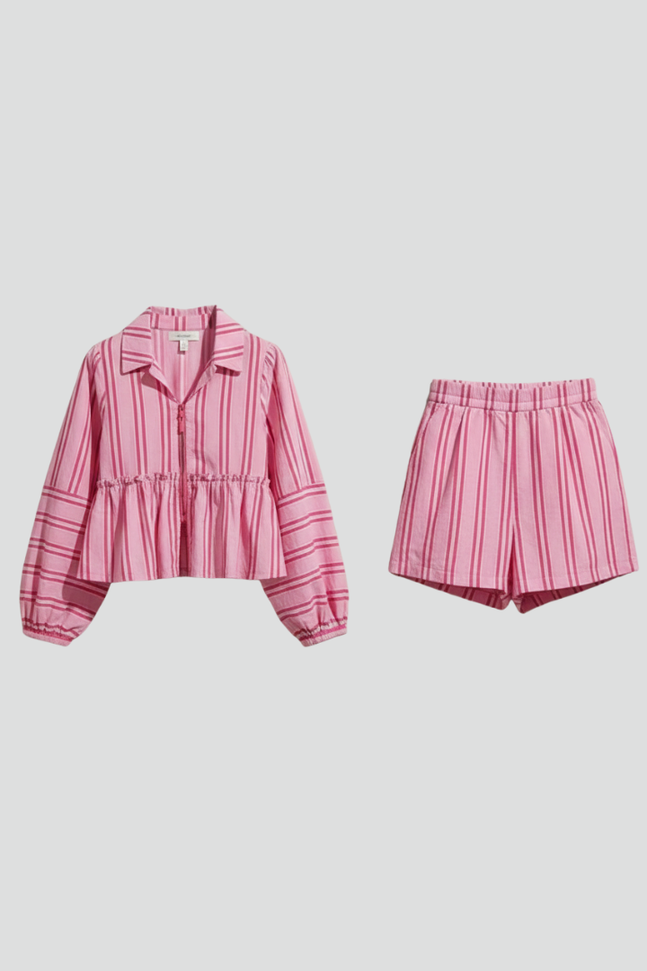 Set de vară imprimat, din două piese, cu pantaloni scurți, pentru femei - bluză lejeră cu mâneci lungi și guler, talie încrețită și pantaloni scurți cu talie înaltă, pentru ținute de vacanță