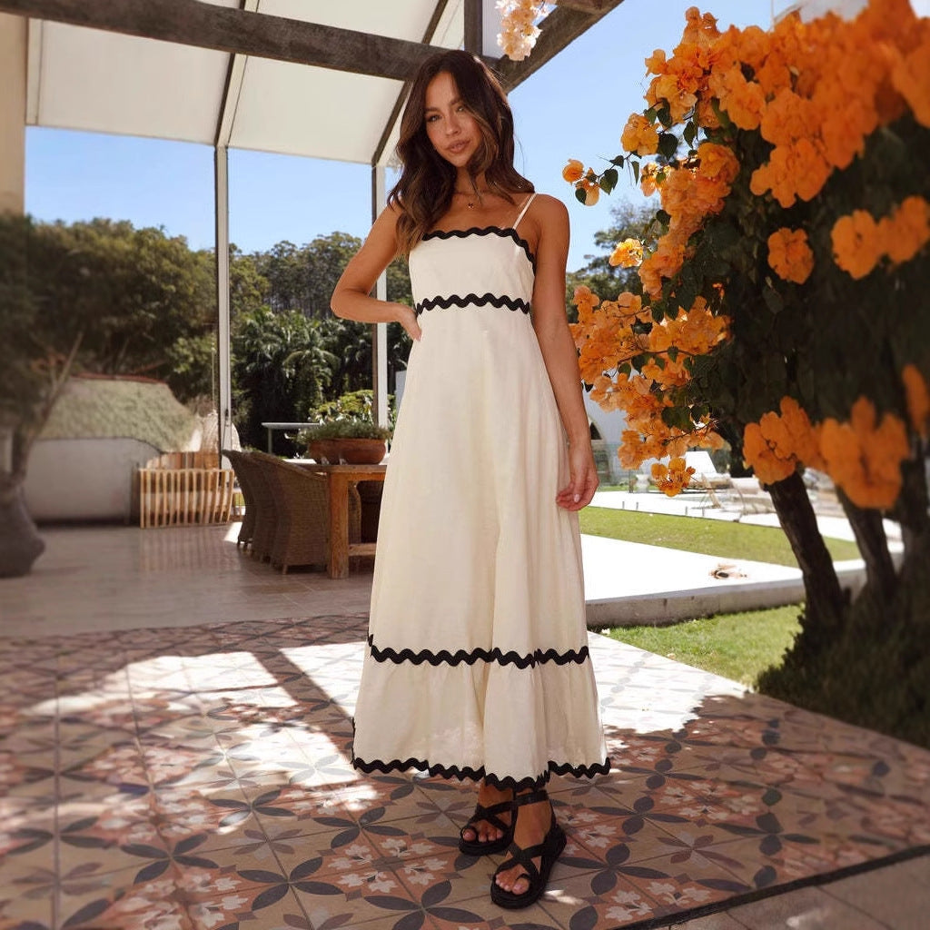 Women’s Contrast-Trim A-Line Maxi Dress – Spaghetti-Strap Dress for Summer Events