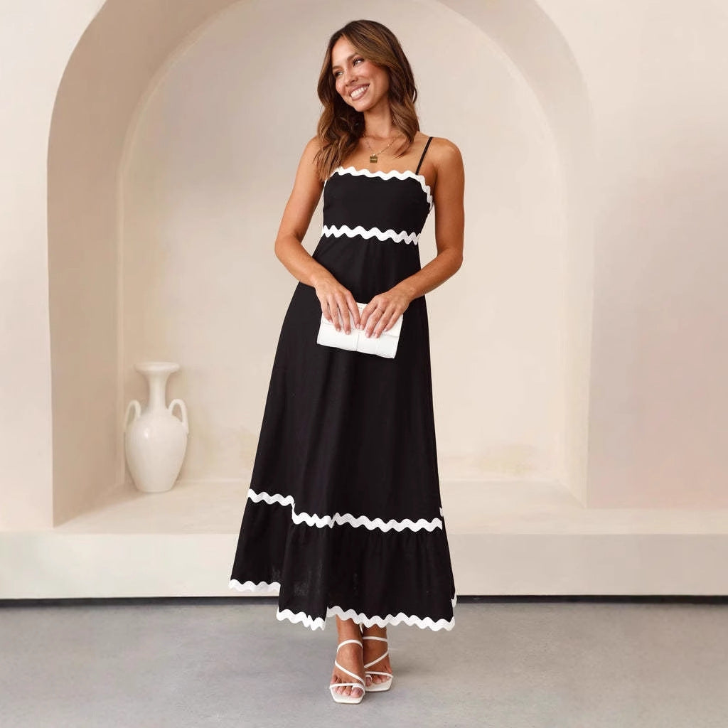 Women’s Contrast-Trim A-Line Maxi Dress – Spaghetti-Strap Dress for Summer Events