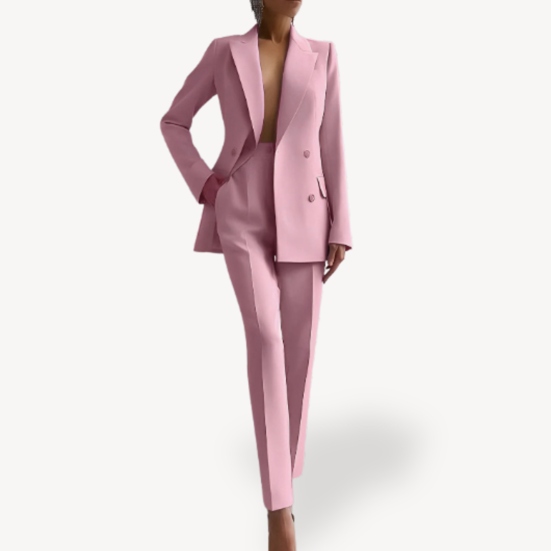 Women’s Tailored Trouser Suit – Long Double-Breasted Blazer Set for Work and Events
