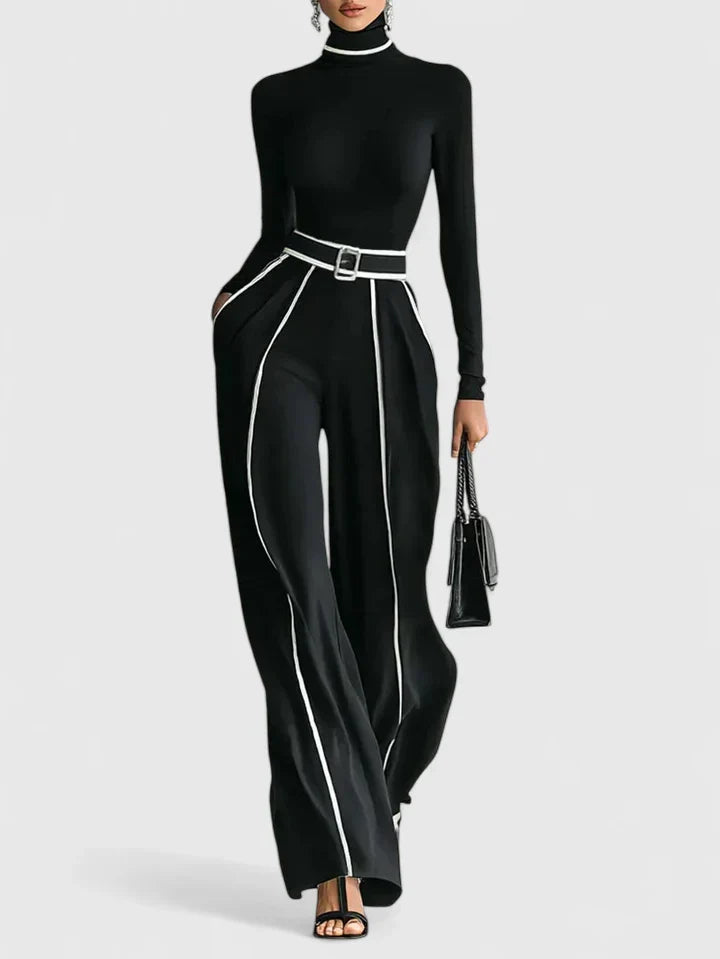 Damestrui met hoge hals en set met broek met wijde pijpen en riem - elegante contrasterende bies voor werk en avondkleding