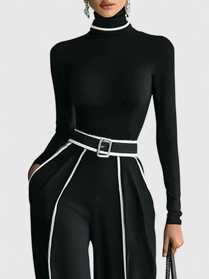 Damestrui met hoge hals en set met broek met wijde pijpen en riem - elegante contrasterende bies voor werk en avondkleding