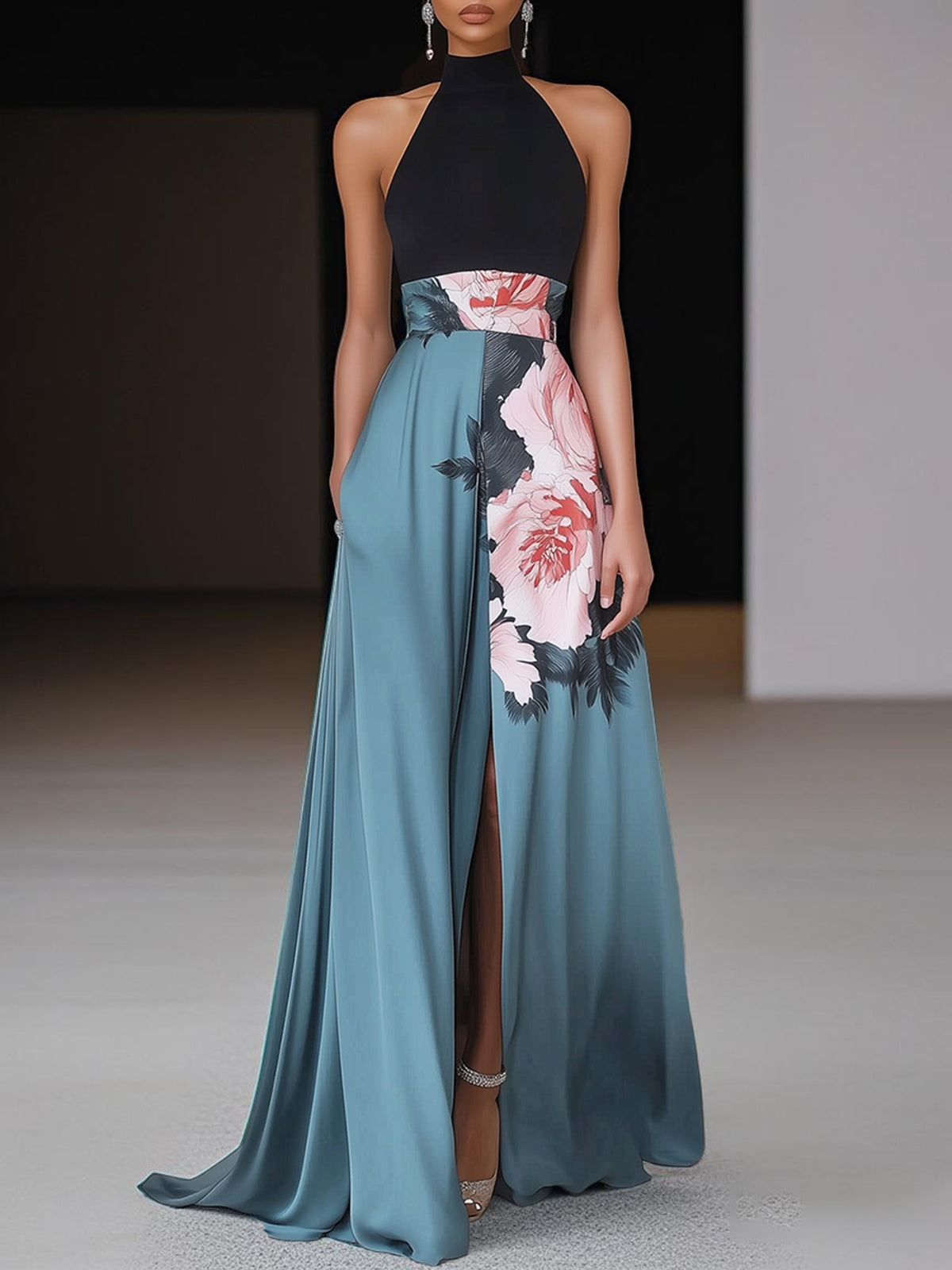 Vestido maxi estampado de mulher com decote halter – estilo elegante com racha para ocasiões noturnas