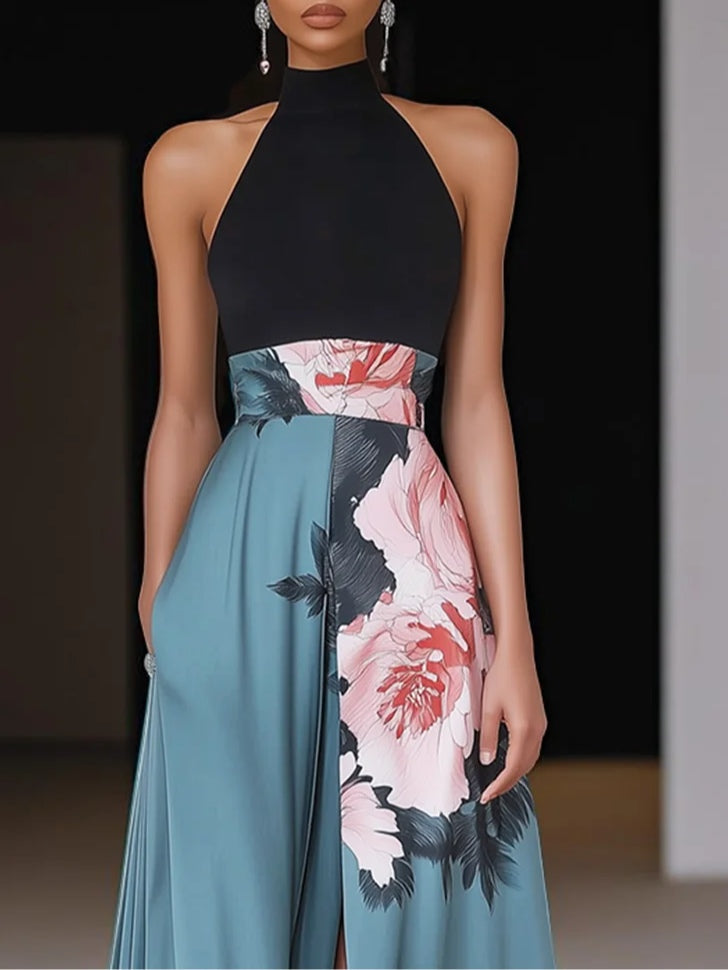 Vestido maxi estampado de mulher com decote halter – estilo elegante com racha para ocasiões noturnas