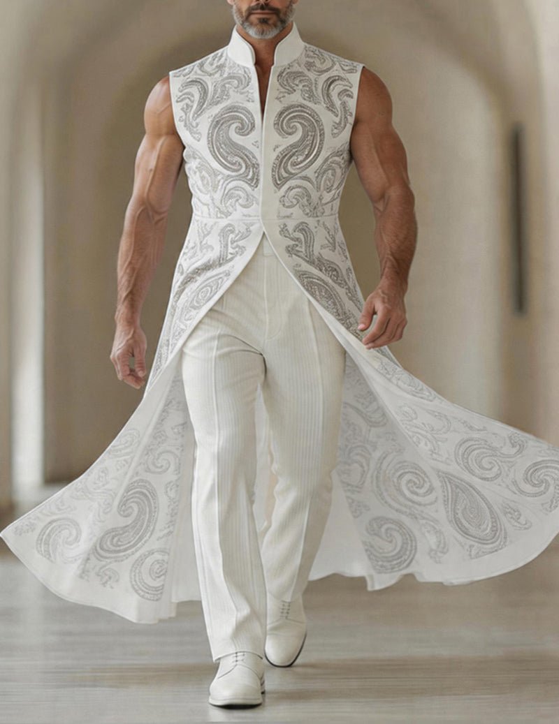 Men’s Printed Sleeveless Tailcoat Jacket With Mandarin Collar