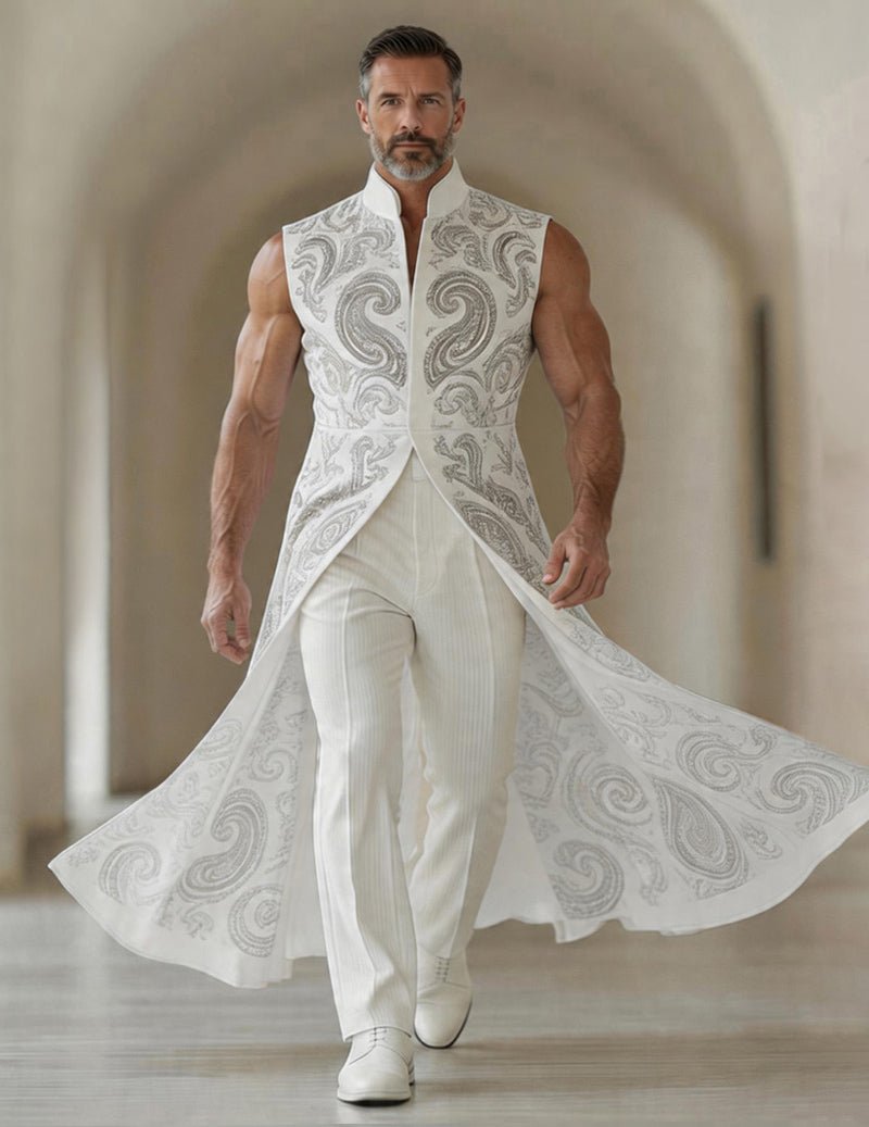Men’s Printed Sleeveless Tailcoat Jacket With Mandarin Collar