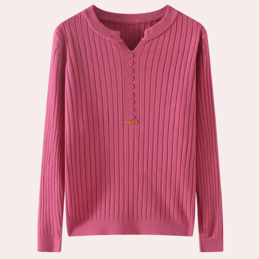 Suéter de punto acanalado para mujer con cuello en V y tapeta de botones