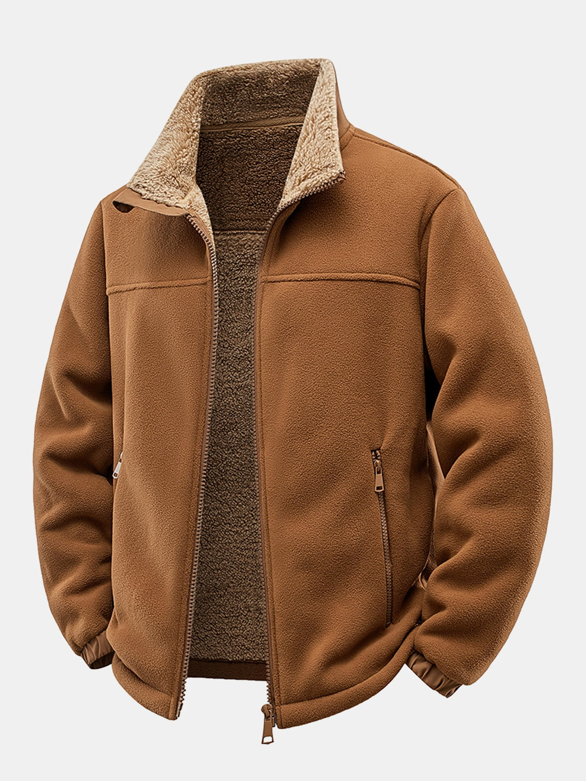 Veste en polaire doublée de teddy pour homme, avec col montant – Vêtement d’extérieur d’hiver à fermeture à glissière et coupe ample