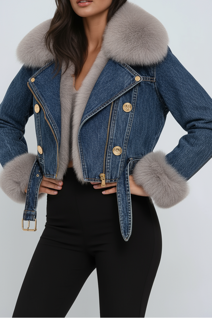 Jachetă din denim scurtată pentru femei, cu guler și manșete din blană pufoasă – îmbrăcăminte exterioară casual călduroasă pentru iarnă, cu detalii distinctive