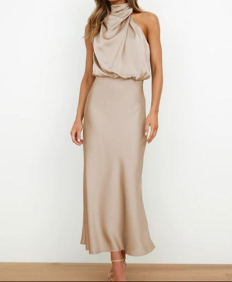 Women’s Elegant Summer Dress Halter Neck Silk Style Formal Occasion Evening Wear