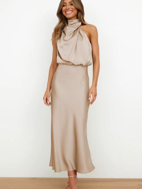 Vestido de verano elegante para mujer con cuello halter estilo seda para ocasión formal y ropa de noche