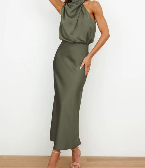 Rochie elegantă de vară pentru femei, cu guler halter, stil mătase, pentru ocazii formale și ținută de seară