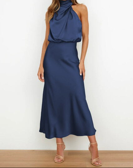 Rochie elegantă de vară pentru femei, cu guler halter, stil mătase, pentru ocazii formale și ținută de seară