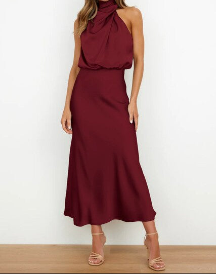 Rochie elegantă de vară pentru femei, cu guler halter, stil mătase, pentru ocazii formale și ținută de seară