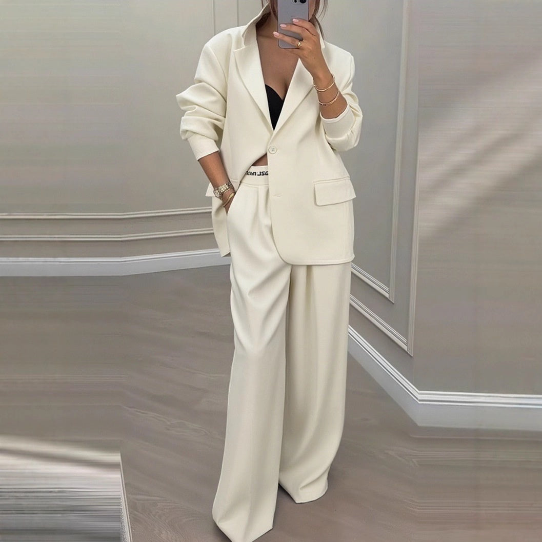 Elegante getailleerde blazer en broekpak voor dames met wijde pijpen - losvallende formele tweedelige outfit voor kantoor en gekleed casual