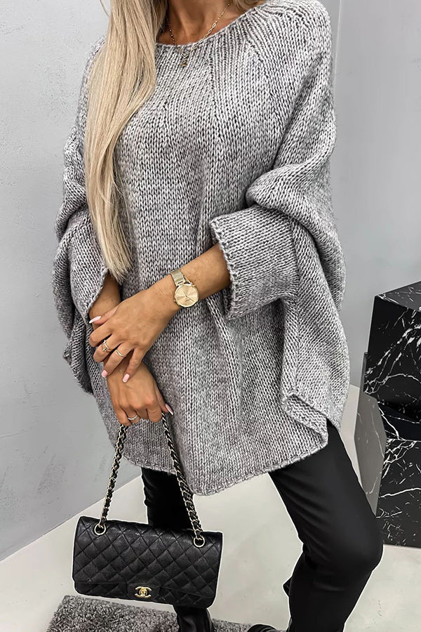 Women’s Draped Knit Poncho – Relaxed Round-Neck Sweater for Smart Casual Layering