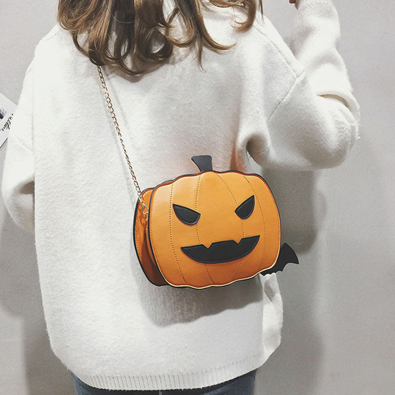 Halloween-crosstas voor dames met pompoenmotief - grappige karaktertas met kettingschouderband