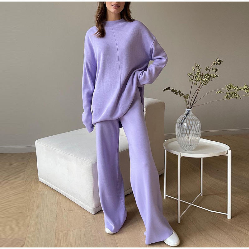 Set de ținute de casă din tricot moale, din două piese, pentru femei - pulover lejer cu guler înalt și pantaloni cu croială largă pentru toamnă și iarnă