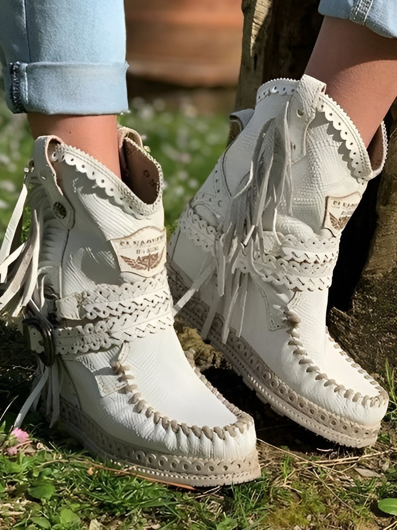 Stivaletti boho da donna alla caviglia – stile western con frange per un look casual