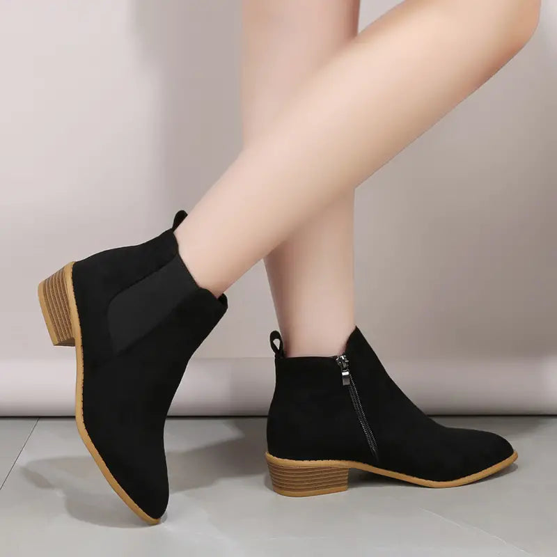 Women’s Suede-Look Ankle Boots – Side-Zip Low Block-Heel Boots for Everyday Autumn and Casual City Wear