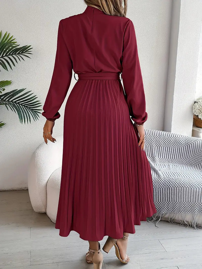 Women’s Pleated Midi Dress with High Neck Tie Waist