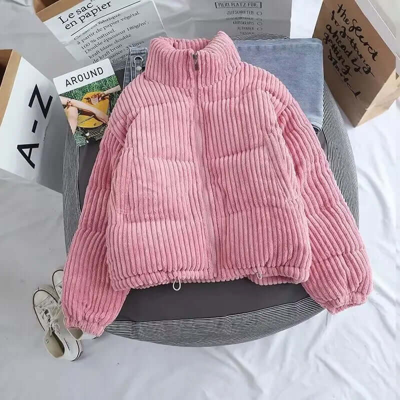 Giacca oversize da donna in velluto a coste, imbottita e trapuntata, con collo alto, ideale da indossare a strati in inverno