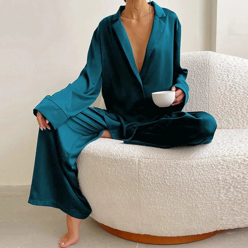 Women’s Relaxed Pyjama Co-Ord Set – Button-Up Long-Sleeve Shirt with Wide-Leg Trousers for Sleep and Lounge Wear