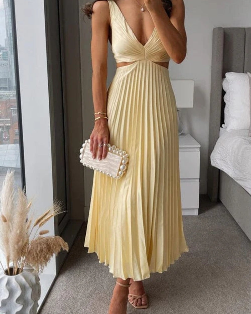 Women’s Pleated Cut-Out Midi Dress – V-Neck Wedding Guest Style for Elegant Events