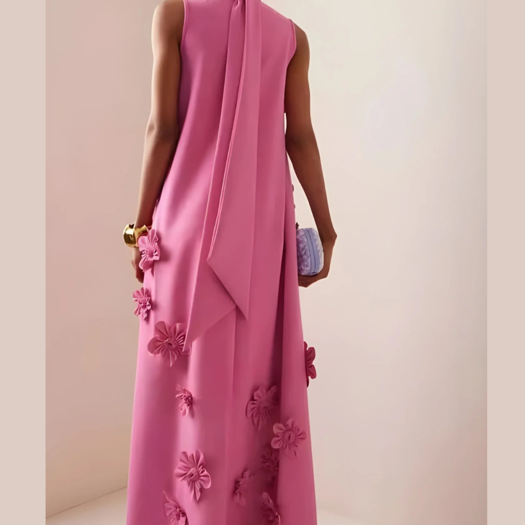 Women’s 3D Floral Maxi Dress – High Neck Evening Gown for Weddings and Special Events