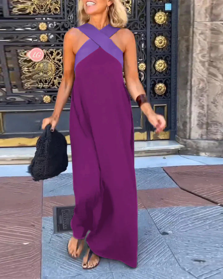 Abito lungo da donna incrociato con scollo all'americana e silhouette fluente