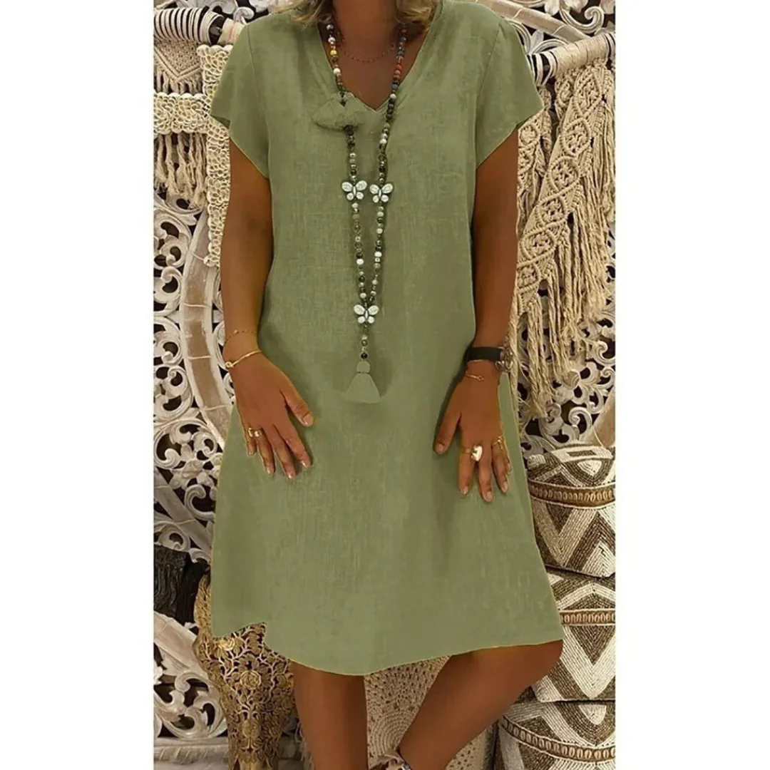 Women’s Relaxed V-Neck Midi Dress – Lightweight Summer Style for Holidays and Everyday Wear
