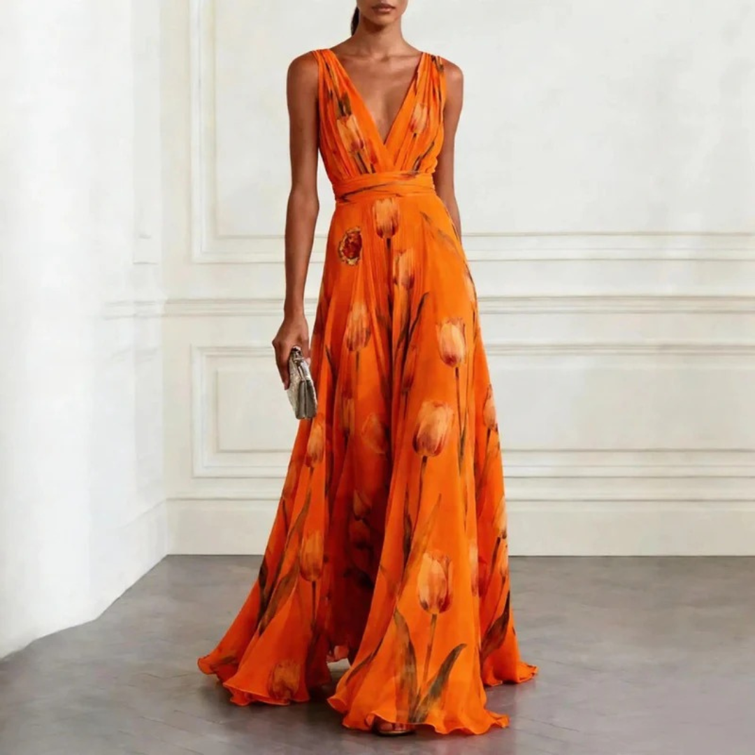 Women’s Printed V-Neck Maxi Dress – Flowing Wedding Guest Style for Summer Events