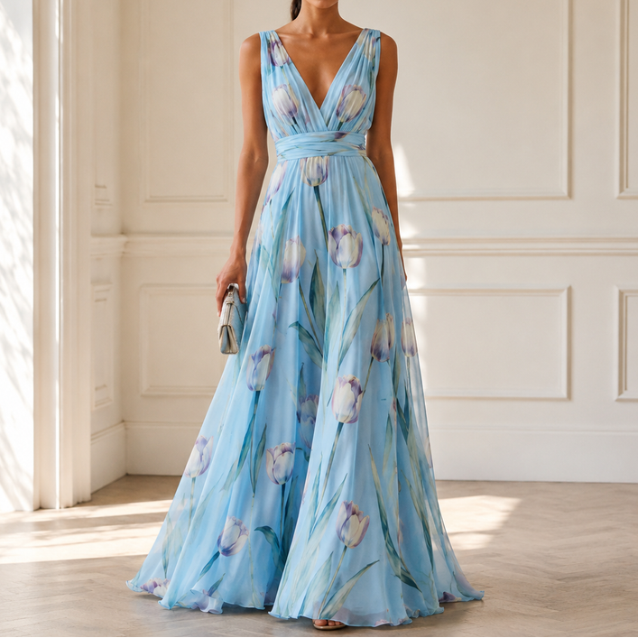 Women’s Printed V-Neck Maxi Dress – Flowing Wedding Guest Style for Summer Events
