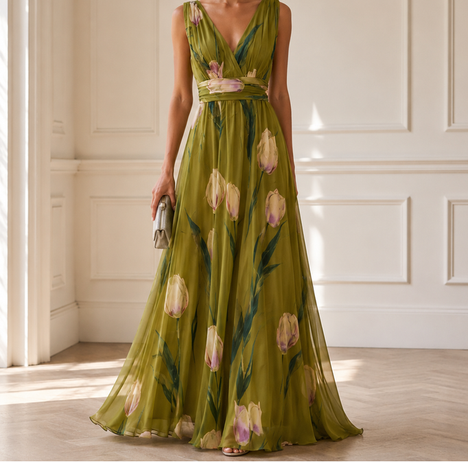 Women’s Printed V-Neck Maxi Dress – Flowing Wedding Guest Style for Summer Events