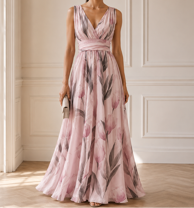 Women’s Printed V-Neck Maxi Dress – Flowing Wedding Guest Style for Summer Events
