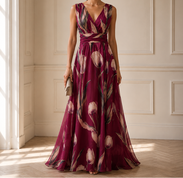 Women’s Printed V-Neck Maxi Dress – Flowing Wedding Guest Style for Summer Events