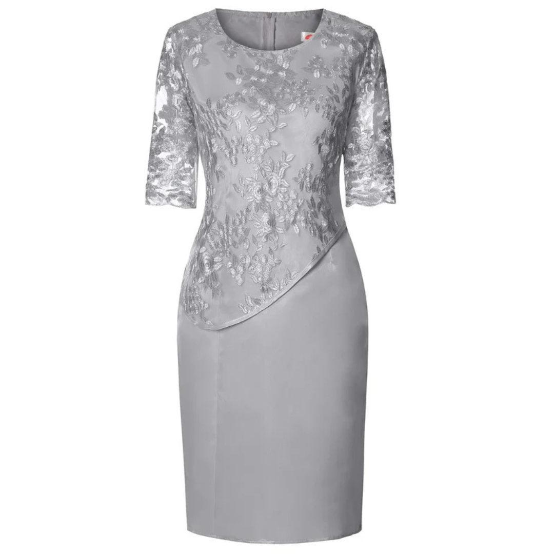 Women’s Embroidered Midi Evening Dress – Lace Sleeve Occasion Style for Celebrations and Events