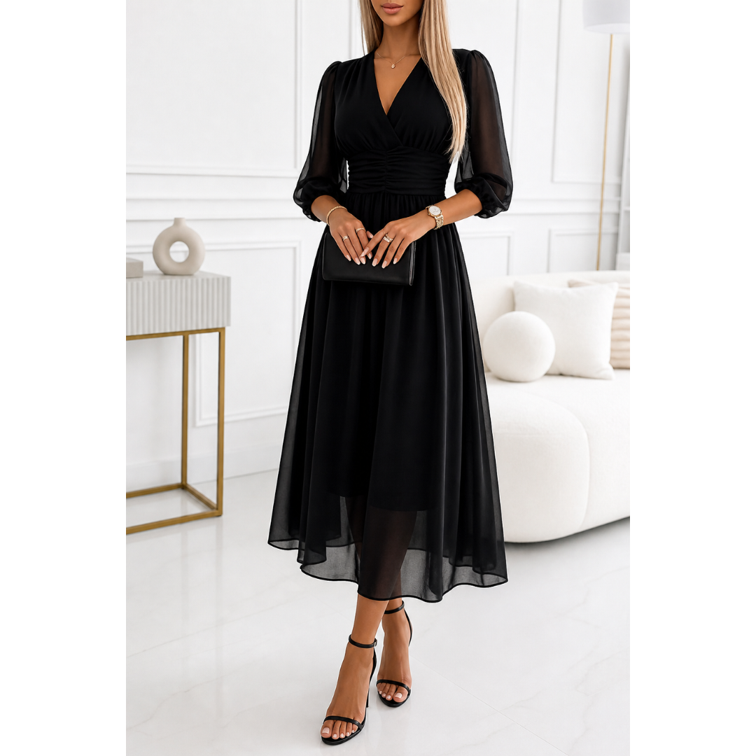 Women’s Chiffon Midi Dress – Ruched Waist Occasion Style for Weddings and Summer Events