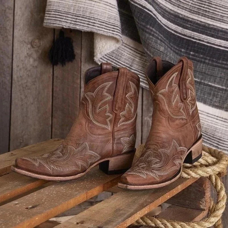 Women’s Western Ankle Boots – Embroidered Cowboy Style with Block Heel